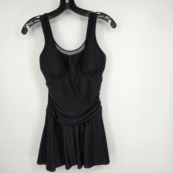 shekini Other - SHEKINI Black Mesh Ruched Swimdress Skirted Tankini One Piece Swimsuit S